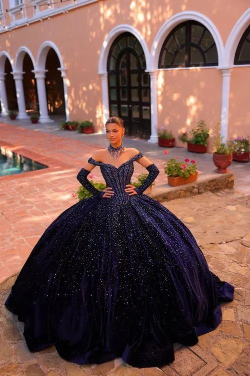 Amarra 54257 Quinceanera Dress Velvet Gloves Ball Gown Crystal Corset Necklace off the shoulder