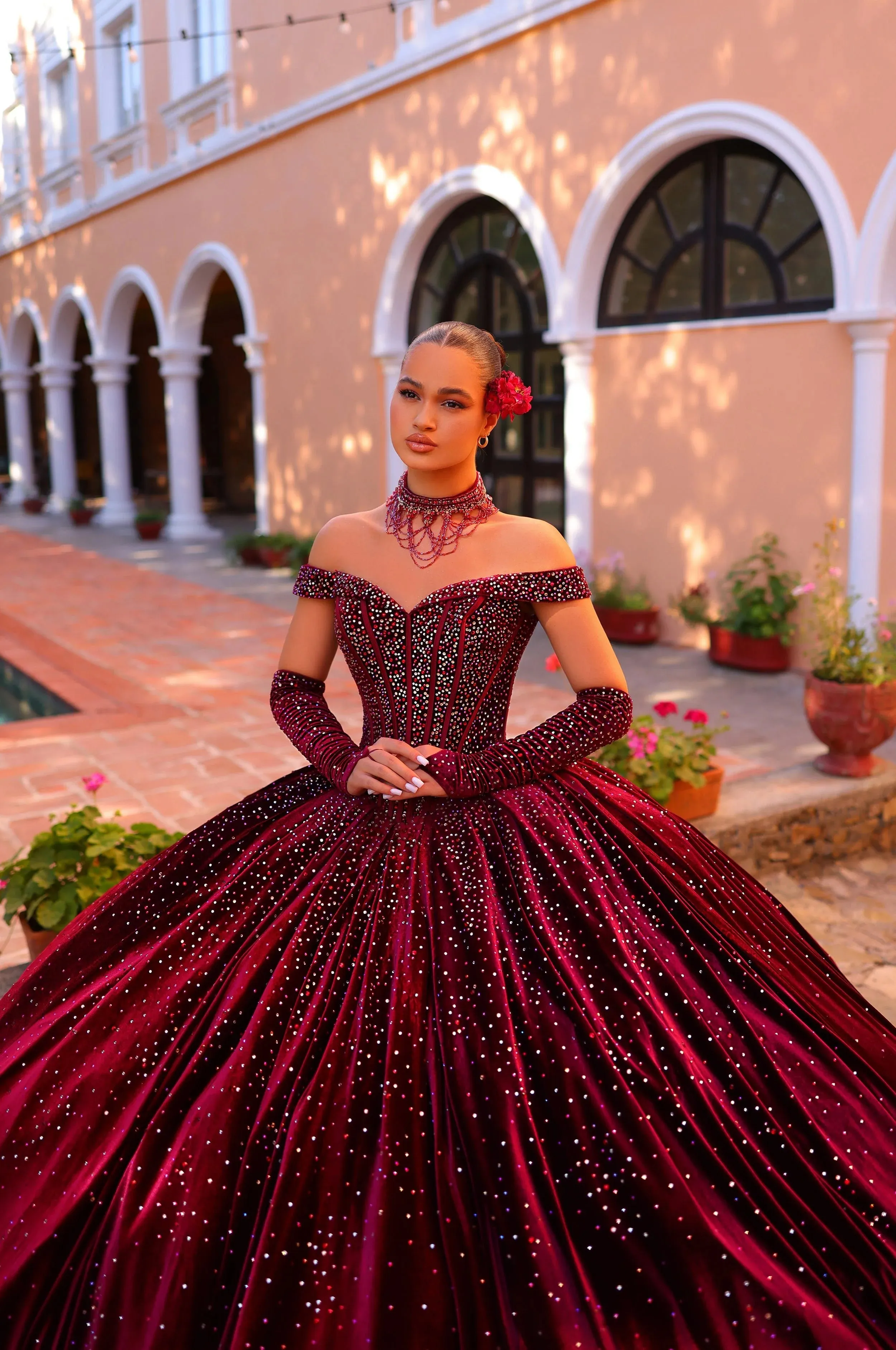 Amarra 54257 Quinceanera Dress Velvet Gloves Ball Gown Crystal Corset Necklace off the shoulder