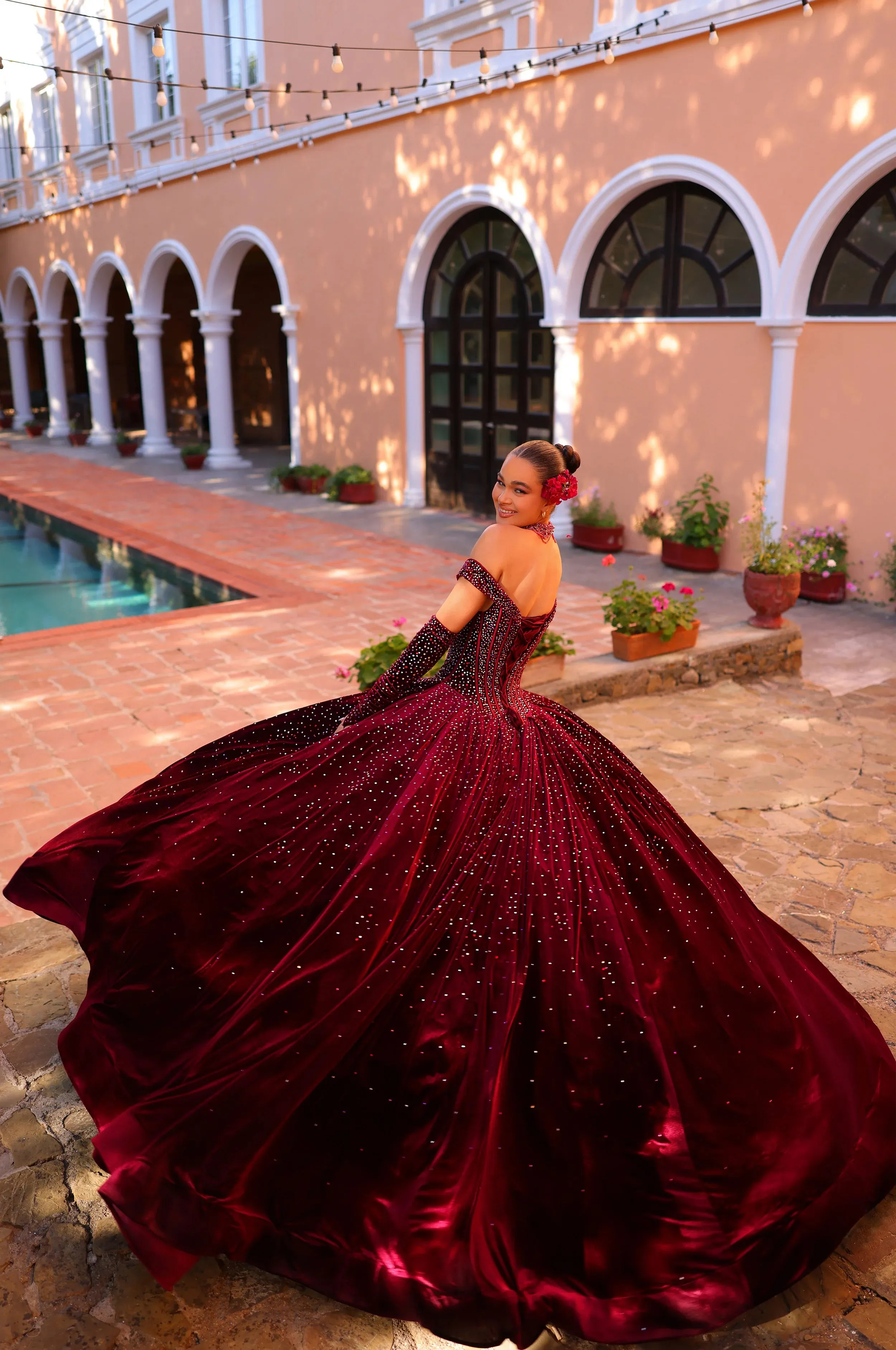 Amarra 54257 Quinceanera Dress Velvet Gloves Ball Gown Crystal Corset Necklace off the shoulder