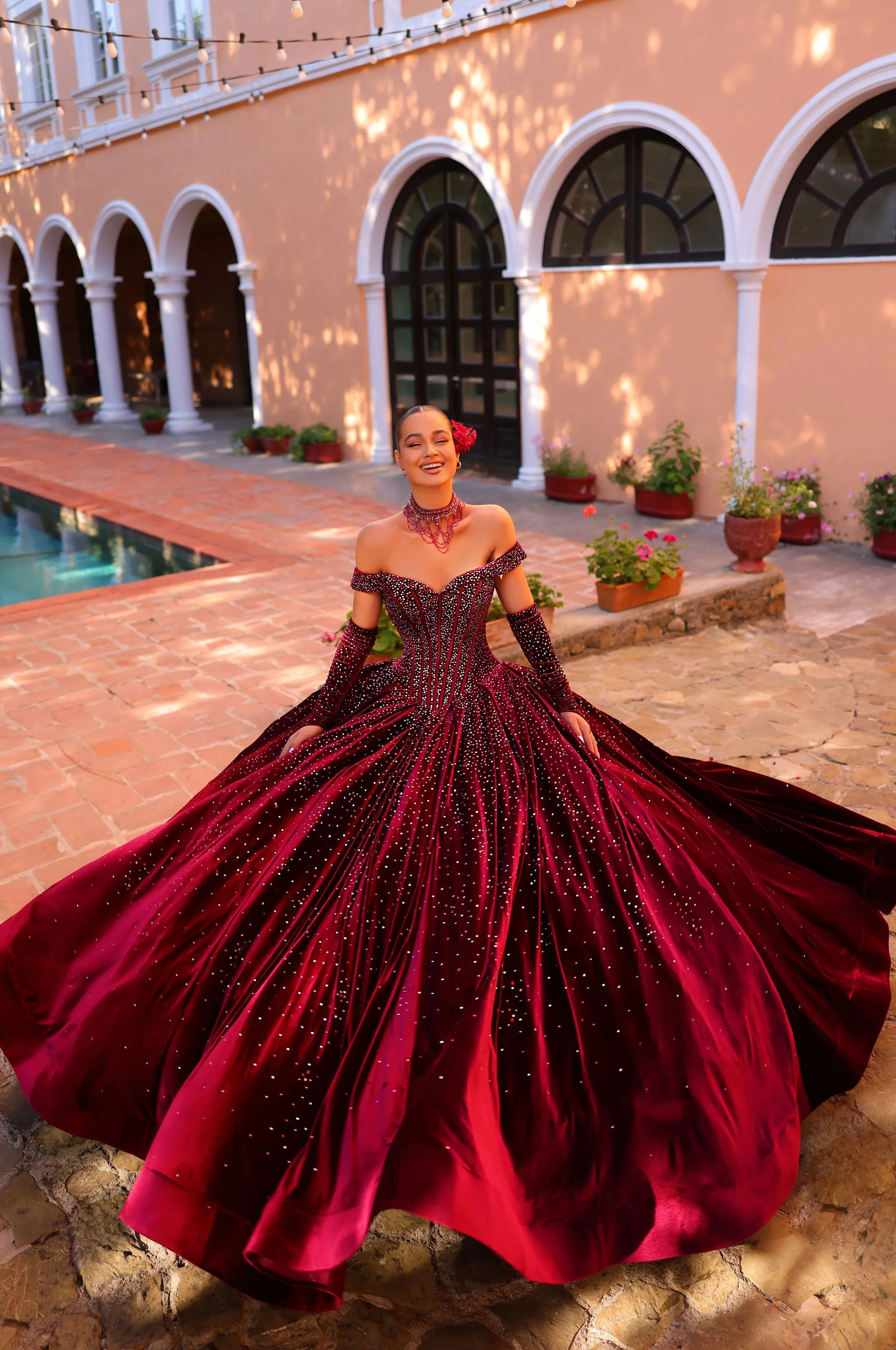 Amarra 54257 Quinceanera Dress Velvet Gloves Ball Gown Crystal Corset Necklace off the shoulder