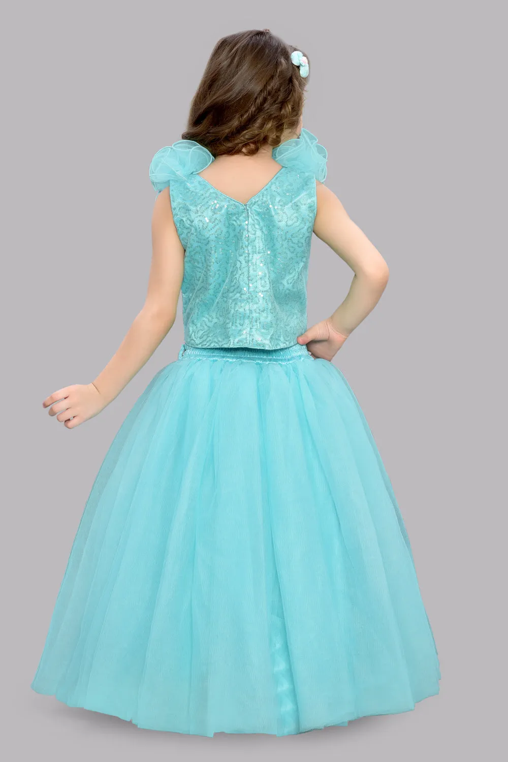 Aqua Sequins Ruffle Skirt Top Set