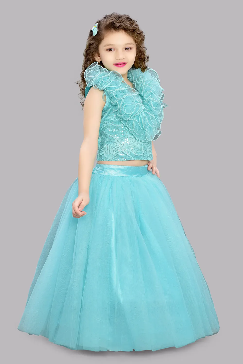 Aqua Sequins Ruffle Skirt Top Set