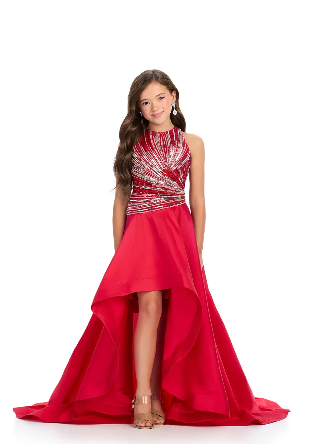 Ashley Lauren Kids 8288 Girls Beaded Sequin High Low Dress Pageant Taffeta Formal Wear