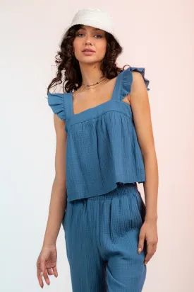 Babydoll Cotton Ruffle Top and Smocked Waist Pant Set