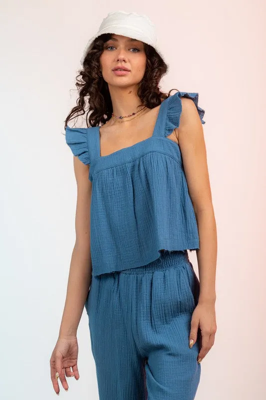 Babydoll Cotton Ruffle Top and Smocked Waist Pant Set