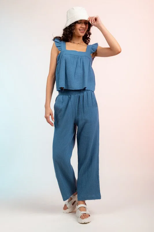 Babydoll Cotton Ruffle Top and Smocked Waist Pant Set