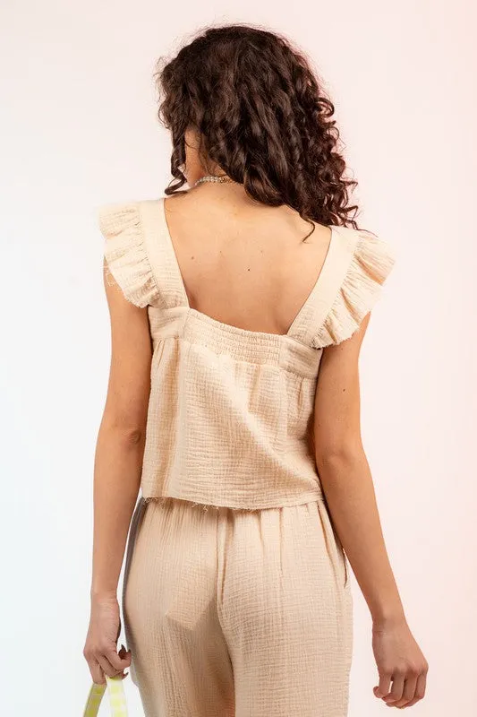 Babydoll Cotton Ruffle Top and Smocked Waist Pant Set
