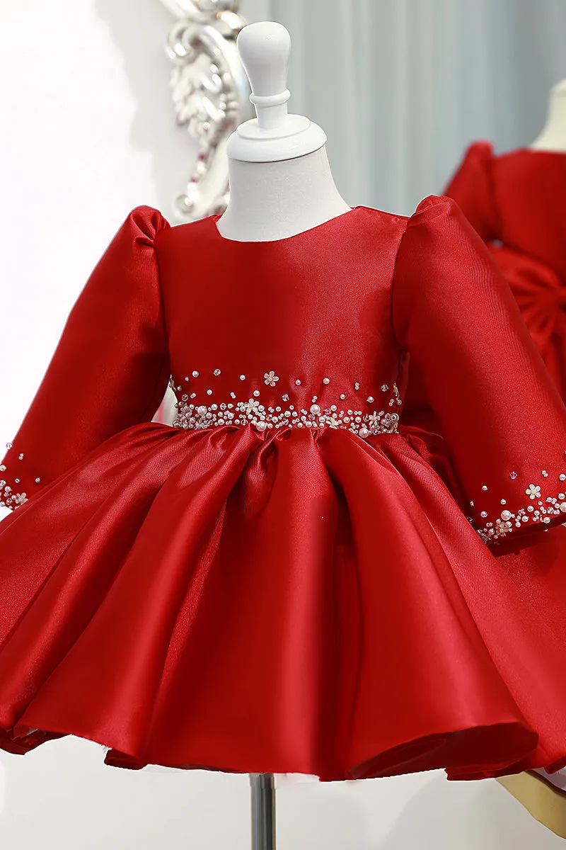Ball Gown Red Satin Long Sleeves Flower Girl Dress Cute First Communion Dress QF1033