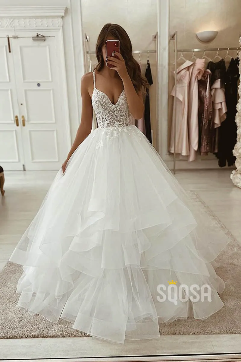Ball Gown Spaghetti Straps Lace Bodice Princess Wedding Dress Bride Dres QW2095