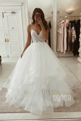 Ball Gown Spaghetti Straps Lace Bodice Princess Wedding Dress Bride Dres QW2095