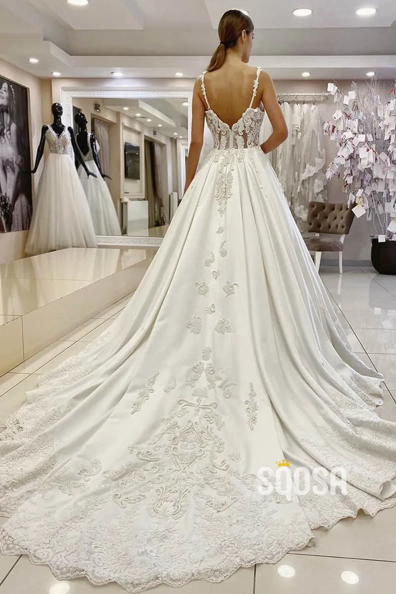 Ball Gown Spaghetti Straps Satin Appliques Rustic Wedding Dress Bridal Gown QW2258