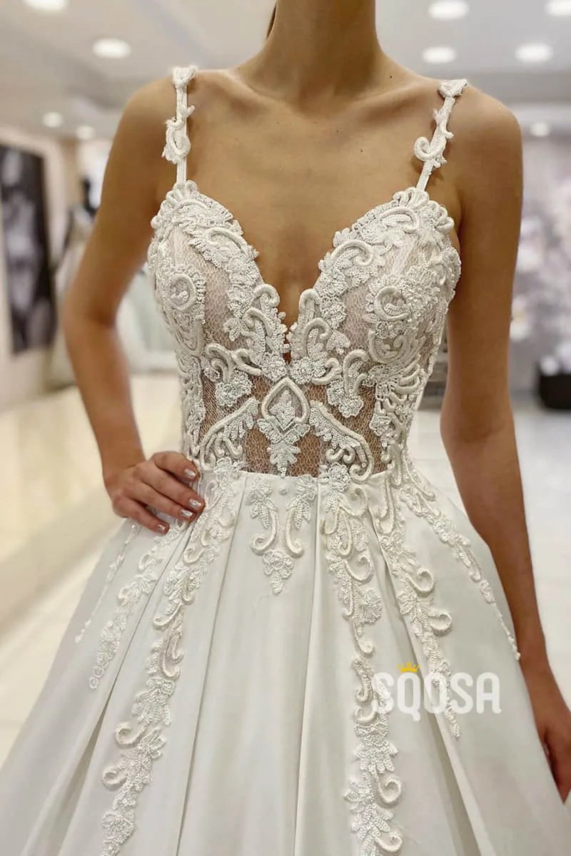 Ball Gown Spaghetti Straps Satin Appliques Rustic Wedding Dress Bridal Gown QW2258