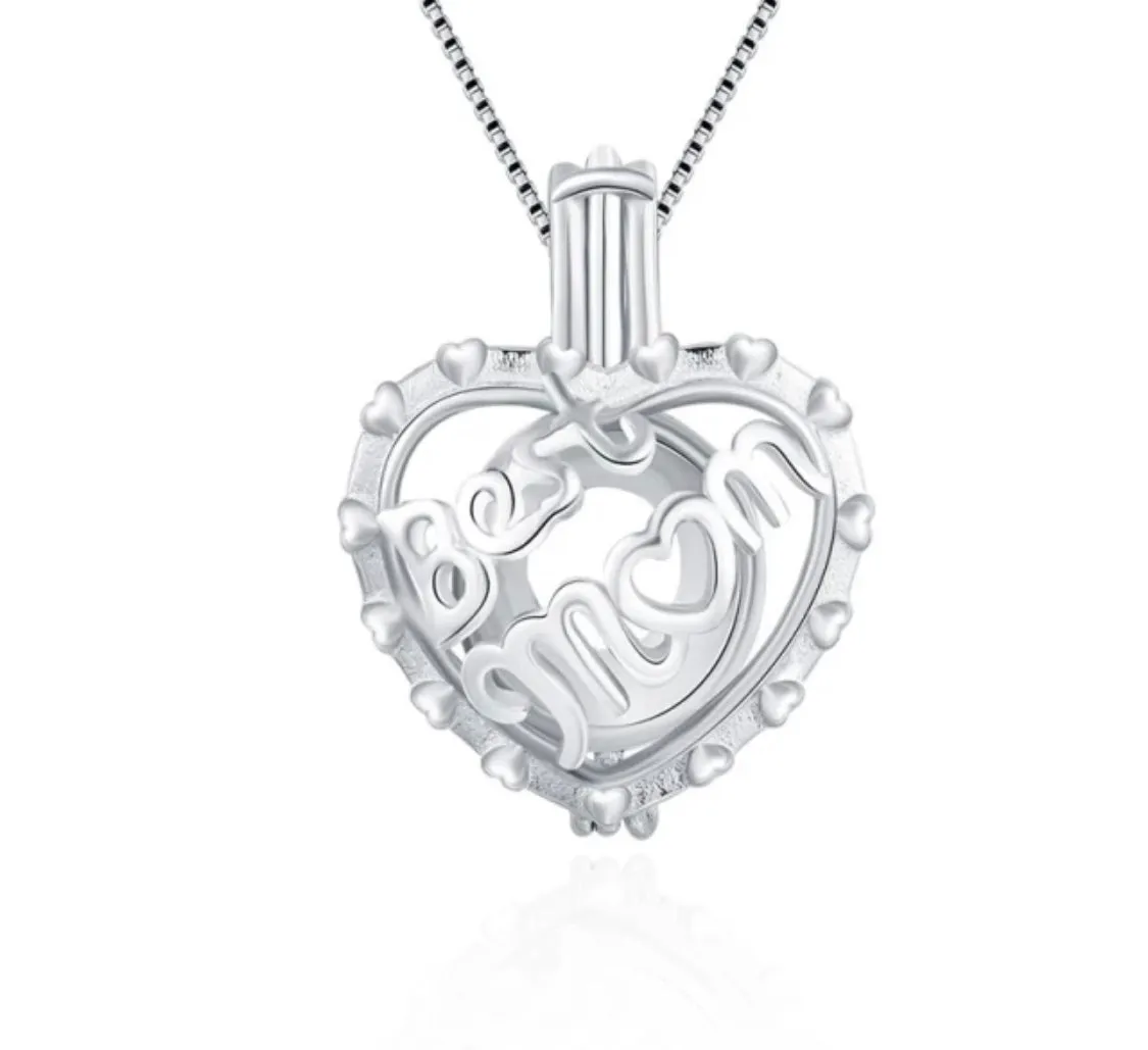 Best Mom Heart Sterling Silver Cage Pendant