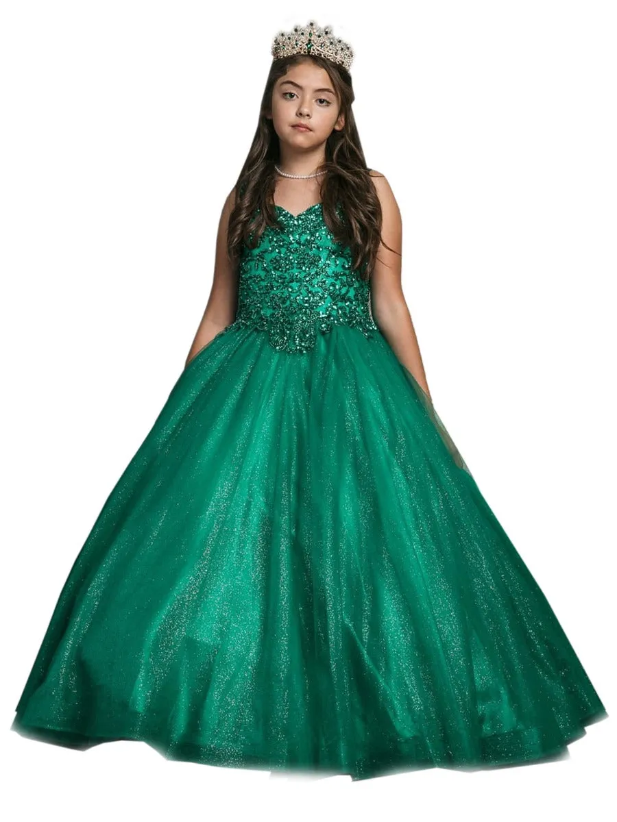 Big Girls Emerald Green Embroidered Bodice Glitter Tulle Gown 8-16