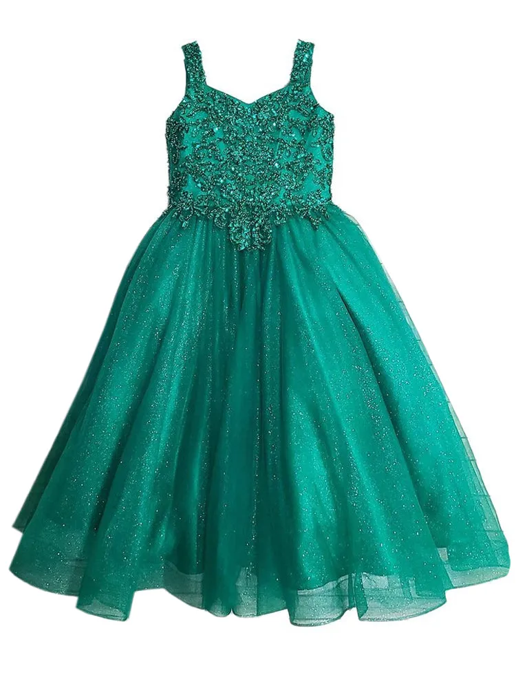 Big Girls Emerald Green Embroidered Bodice Glitter Tulle Gown 8-16