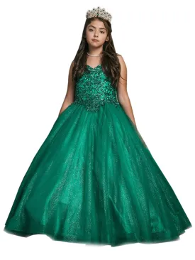 Big Girls Emerald Green Embroidered Bodice Glitter Tulle Gown 8-16