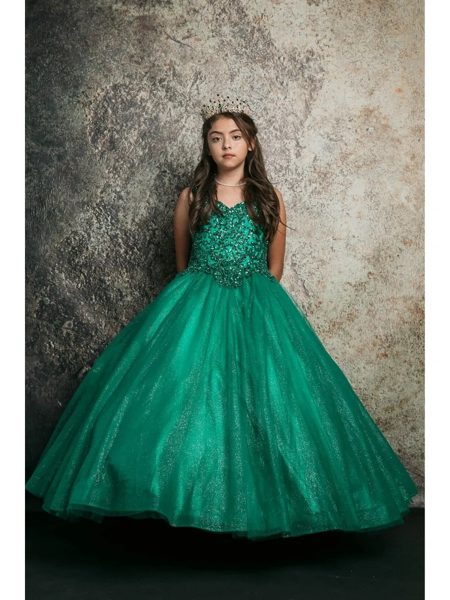 Big Girls Emerald Green Embroidered Bodice Glitter Tulle Gown 8-16
