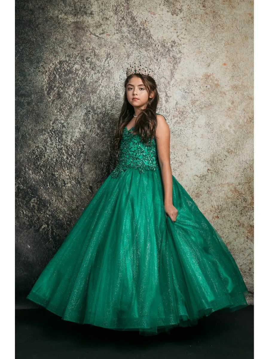 Big Girls Emerald Green Embroidered Bodice Glitter Tulle Gown 8-16