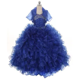 Big Girls Royal Blue Sequin Sparkly Ruffle Bolero Pageant Dress 8-14