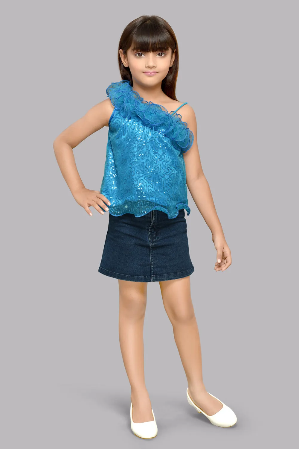 Blue One Shoulder Sequins Top
