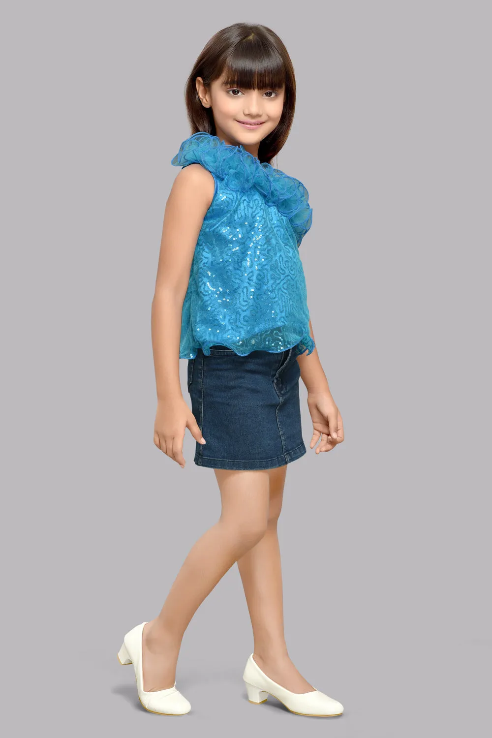Blue One Shoulder Sequins Top