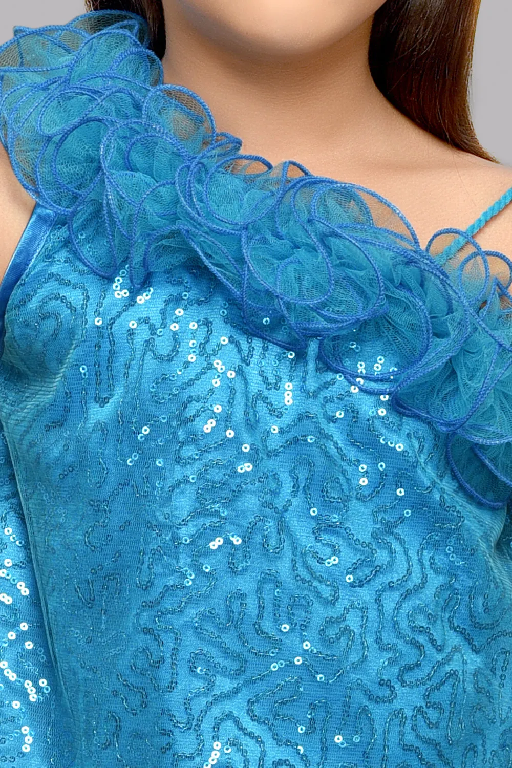 Blue One Shoulder Sequins Top