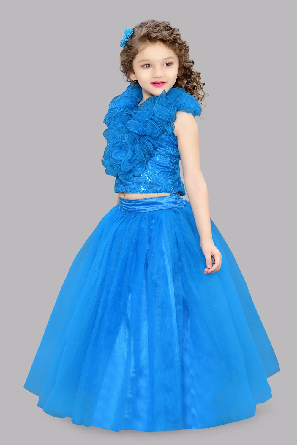 Blue Sequins Ruffle Skirt Top Set