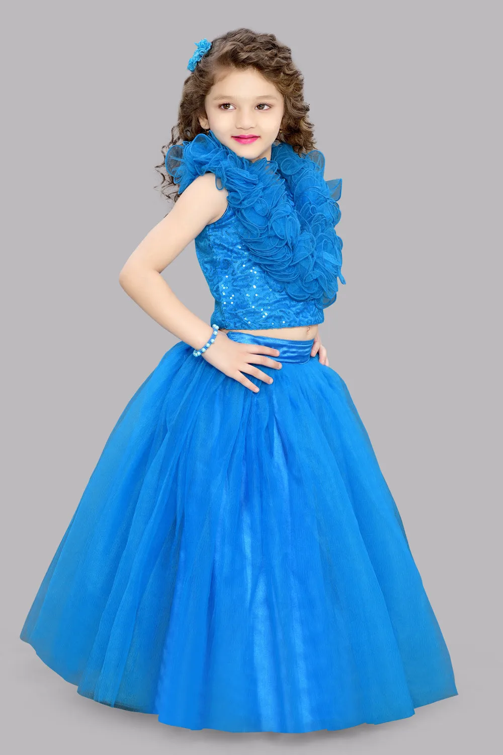 Blue Sequins Ruffle Skirt Top Set