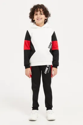 Boys Black Print Hooded Jog Suit (2 Piece)