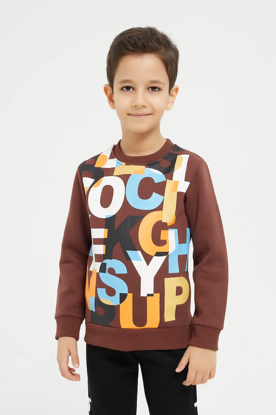Boys Brown Letters Print Sweatshirt With Jog Pants (2 Pice)