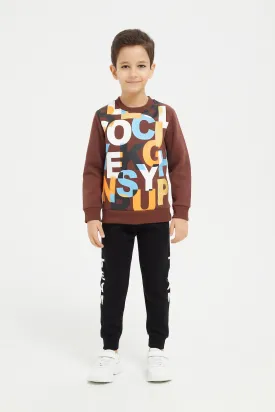 Boys Brown Letters Print Sweatshirt With Jog Pants (2 Pice)