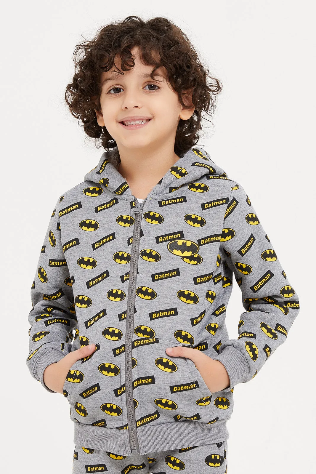 Boys Grey Batman Print Hooded Jog Suit (2 Piece)