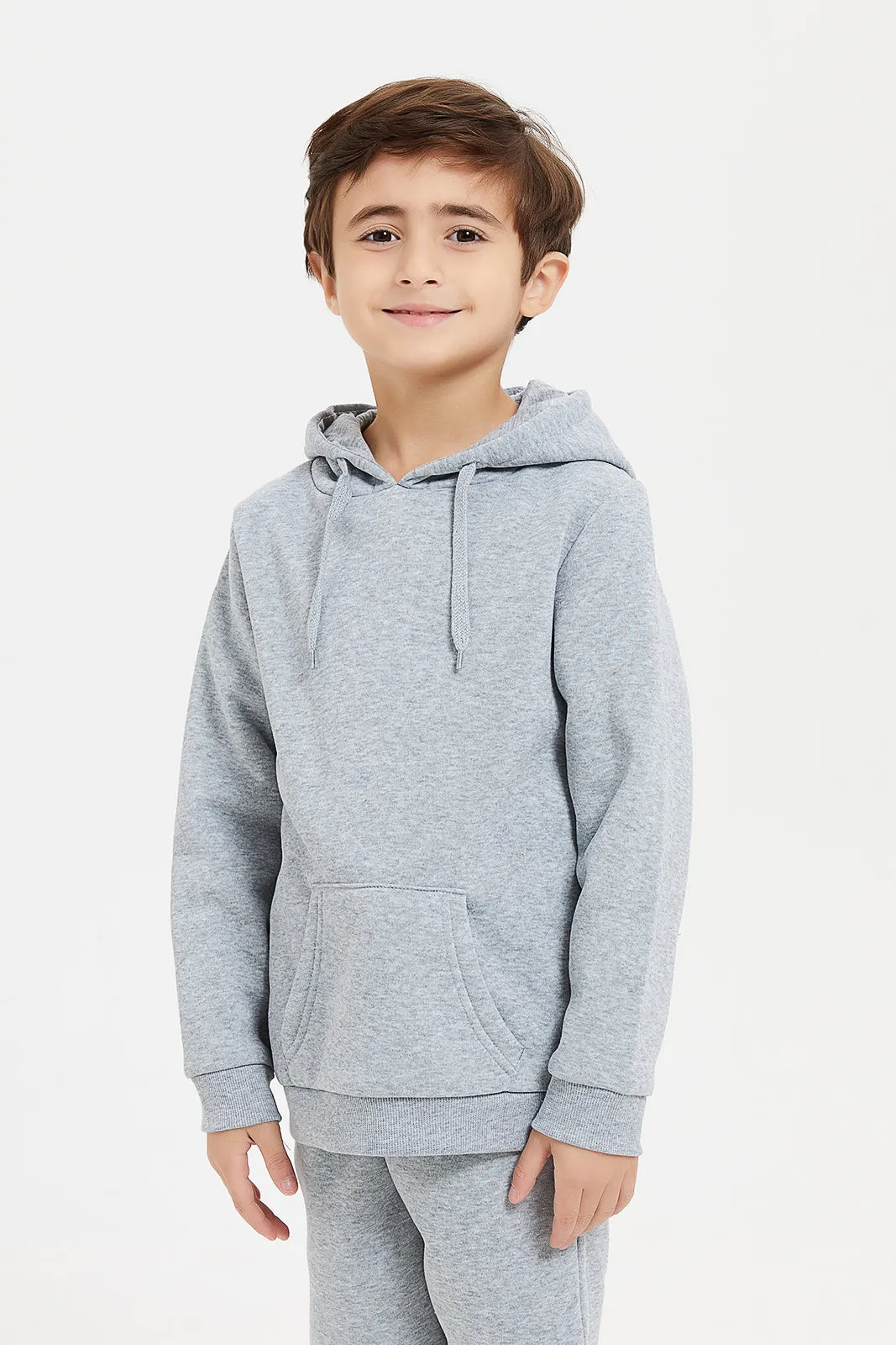 Boys Heather Grey Hooded Sweatshirt With Jog Pants (2 Piece)
