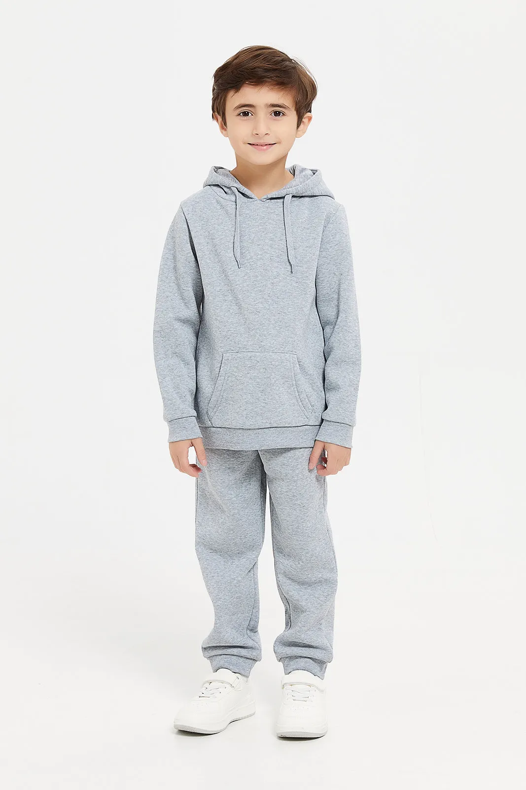 Boys Heather Grey Hooded Sweatshirt With Jog Pants (2 Piece)