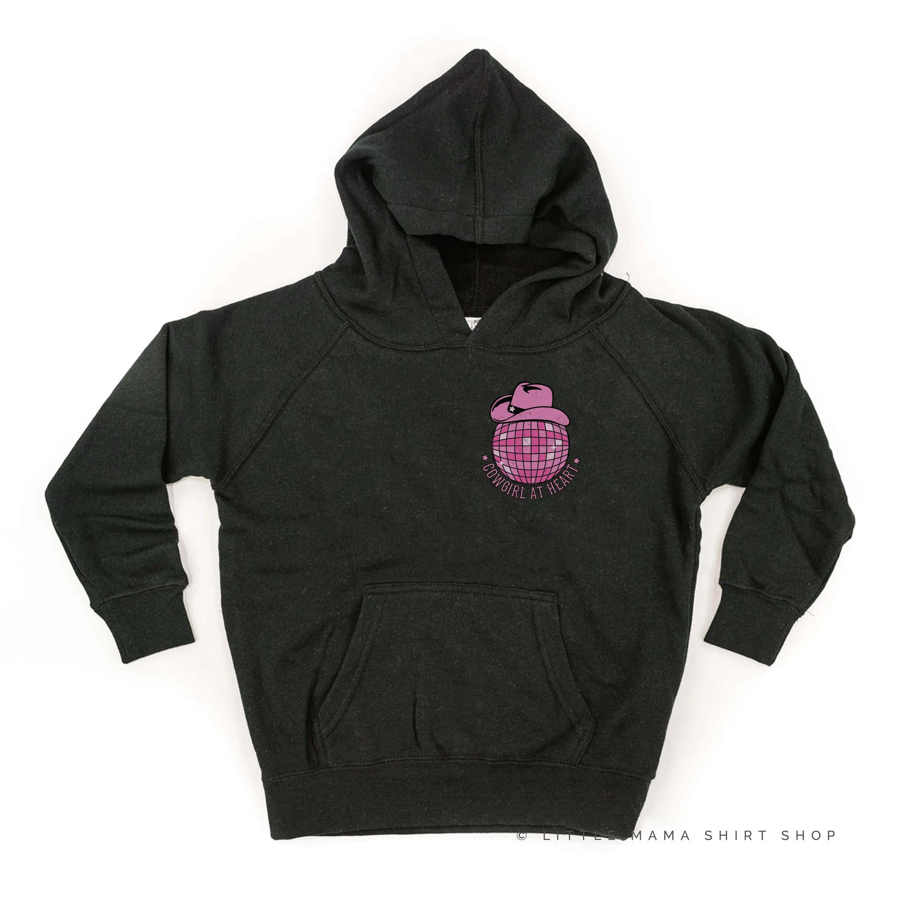 Cowgirl at Heart - Disco (Pocket) w/ Howdy x3 on Back - Distressed Design - Child Hoodie