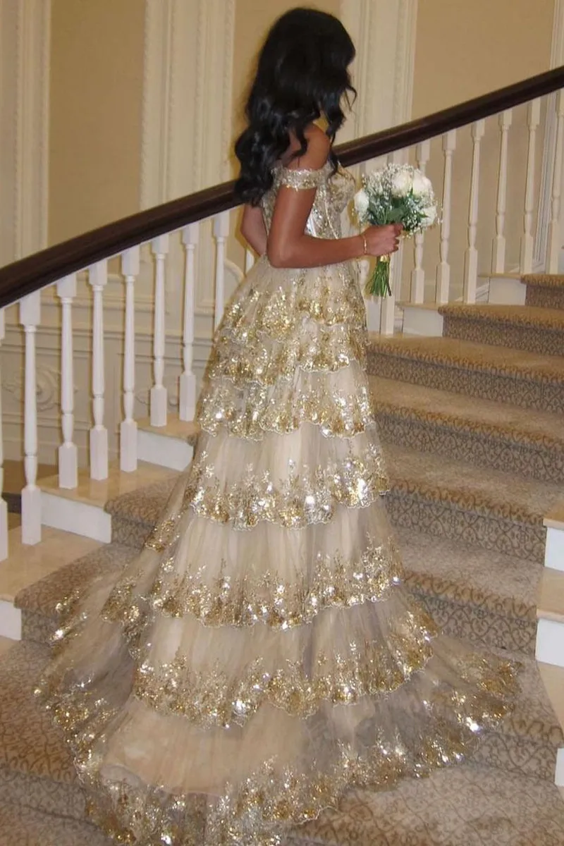 Cute Ball Gown Sweetheart Gold Sequins Tiered Long Prom Dresses VK073195