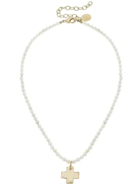 Dainty Beaded Cross Necklace - Pearl