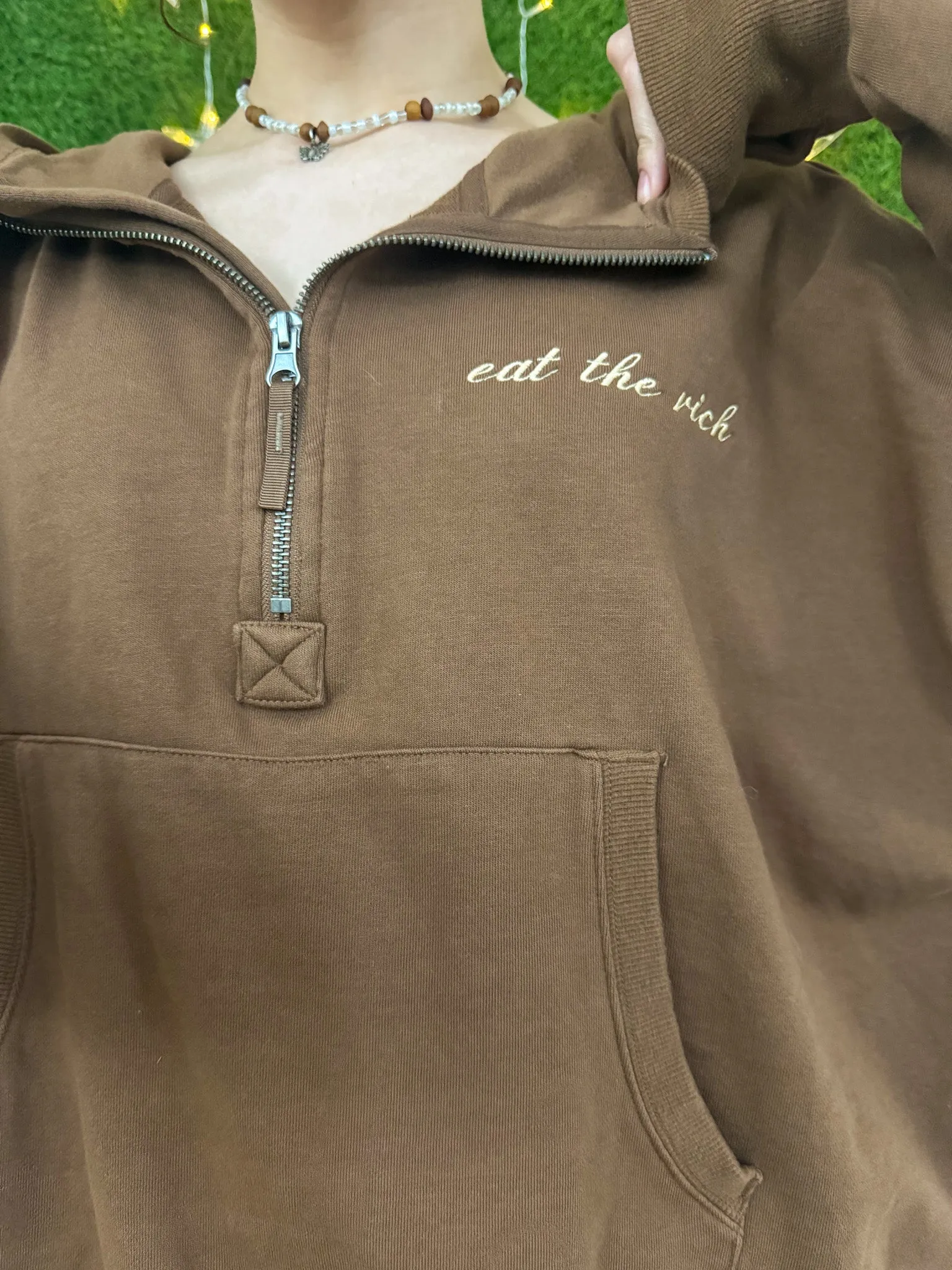 Eat the Rich Brown Cropped Quarter Zip Hoodie 2XL
