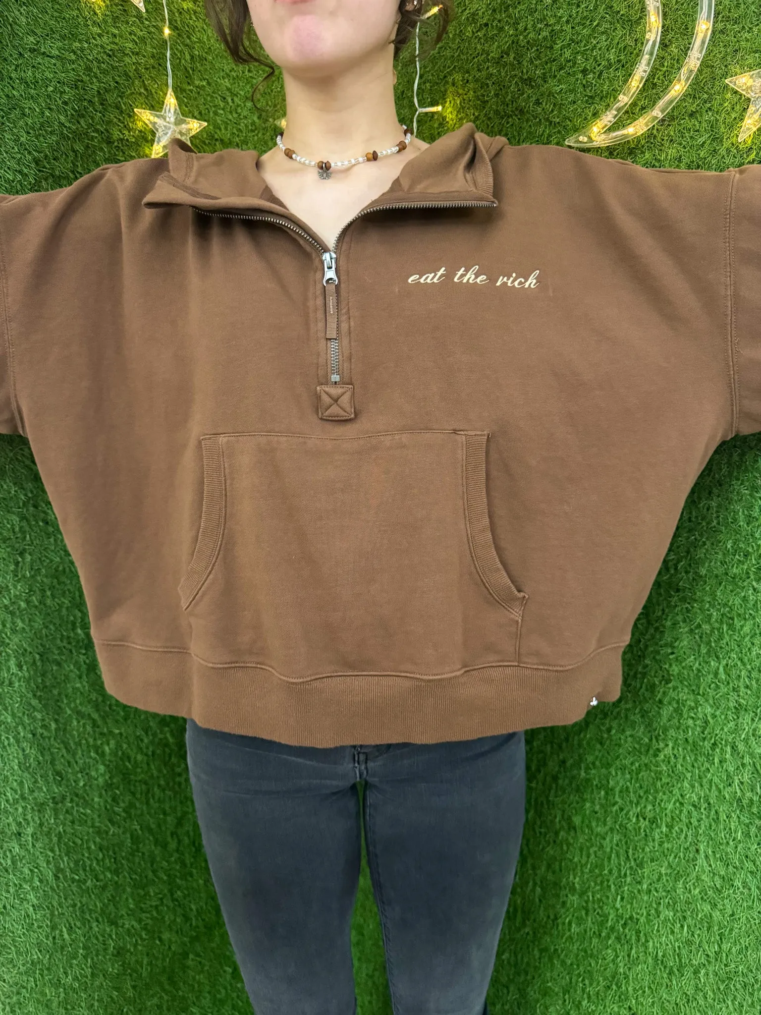 Eat the Rich Brown Cropped Quarter Zip Hoodie 2XL