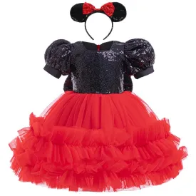 Fashion Princess Sequin Dress Glamorous Fairy Tale Dress Classic Red Tulle Dress Carnival Birthday Banquet Host Performance Dress