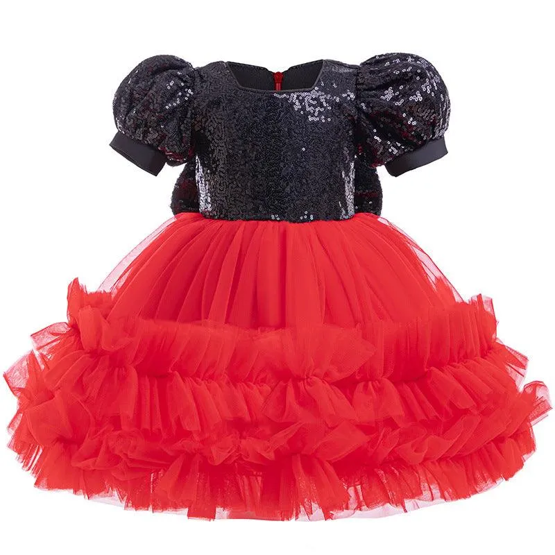 Fashion Princess Sequin Dress Glamorous Fairy Tale Dress Classic Red Tulle Dress Carnival Birthday Banquet Host Performance Dress
