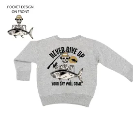 Fishing Skelly Pocket Design on Front w/ Never Give Up on Back - Child Sweater