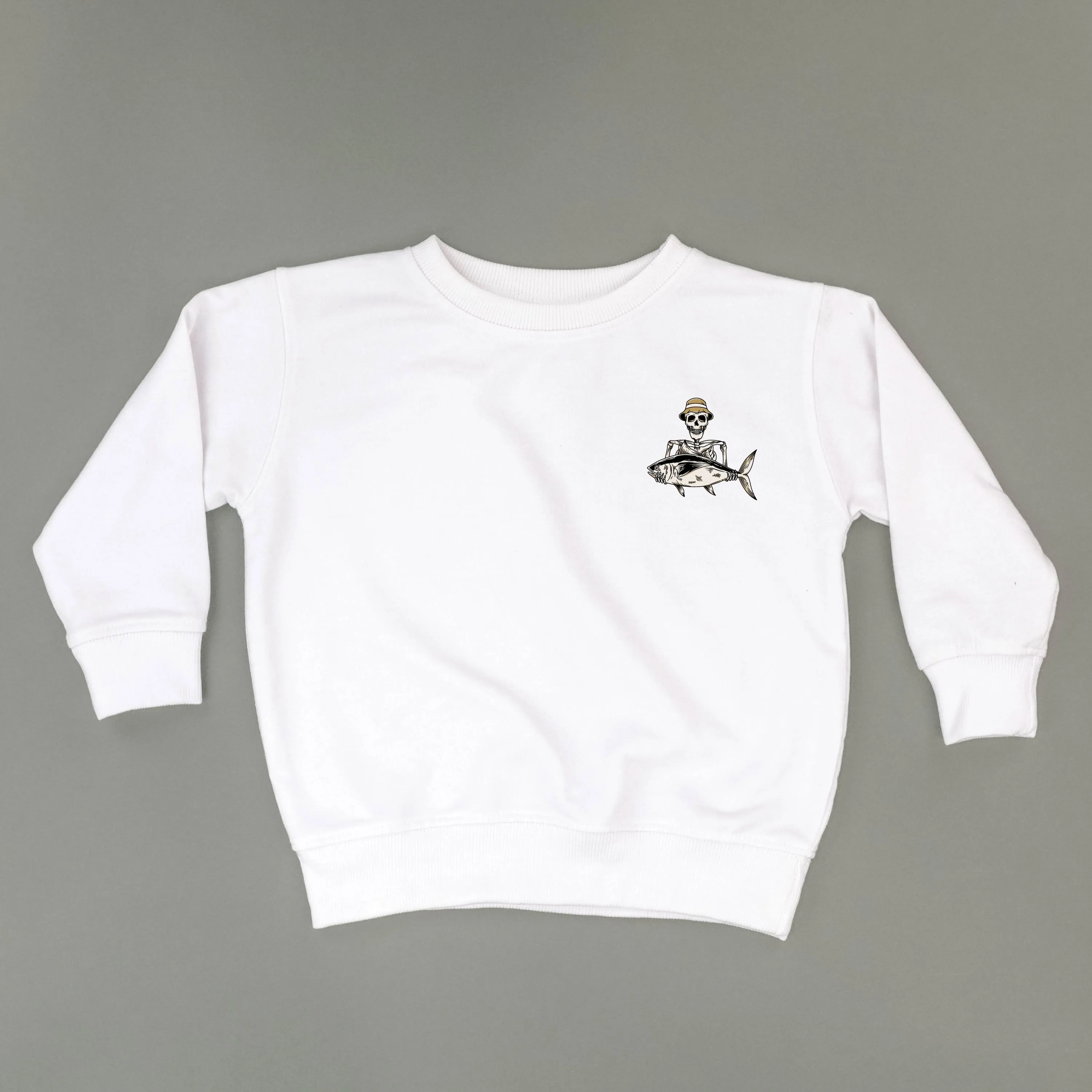 Fishing Skelly Pocket Design on Front w/ Never Give Up on Back - Child Sweater