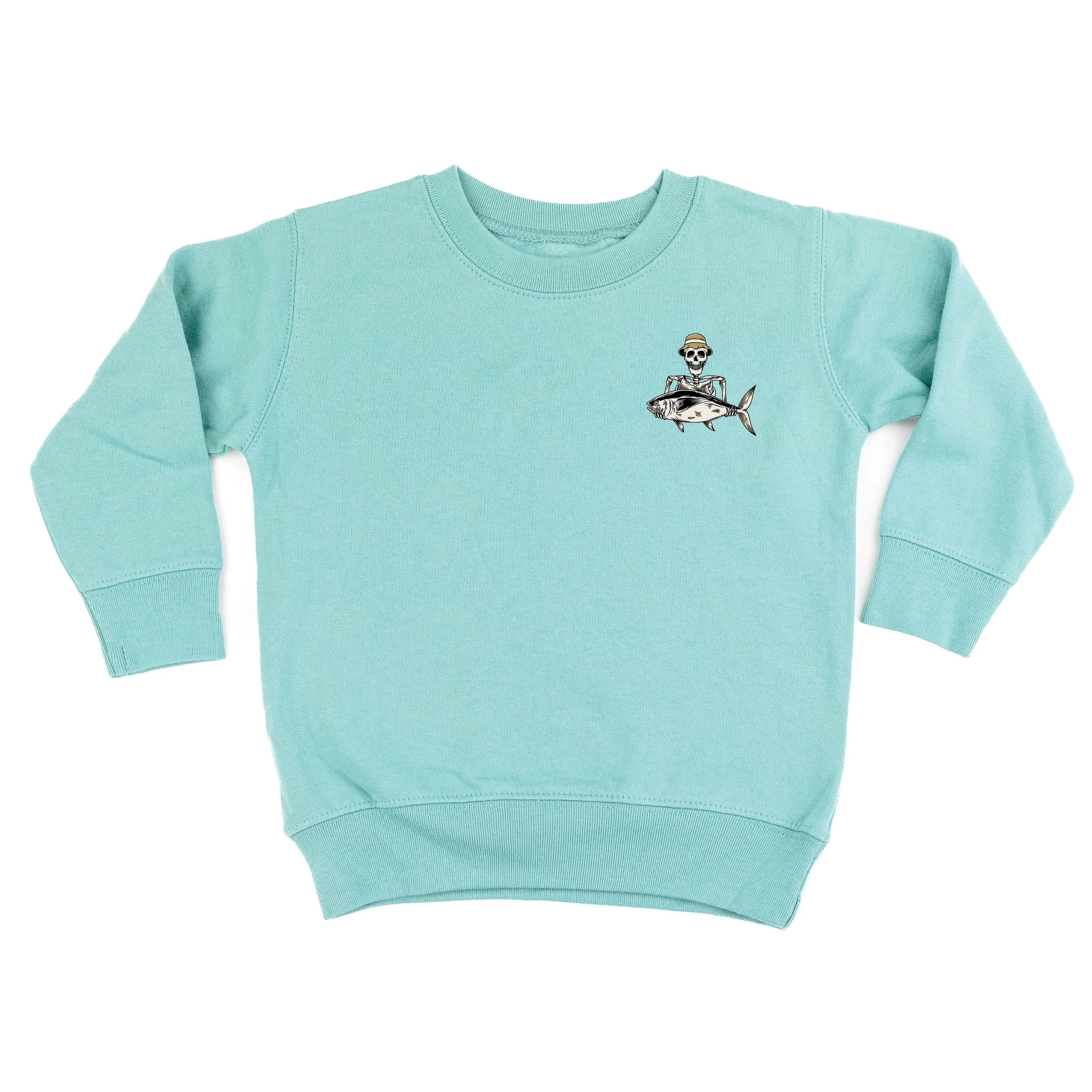 Fishing Skelly Pocket Design on Front w/ Never Give Up on Back - Child Sweater