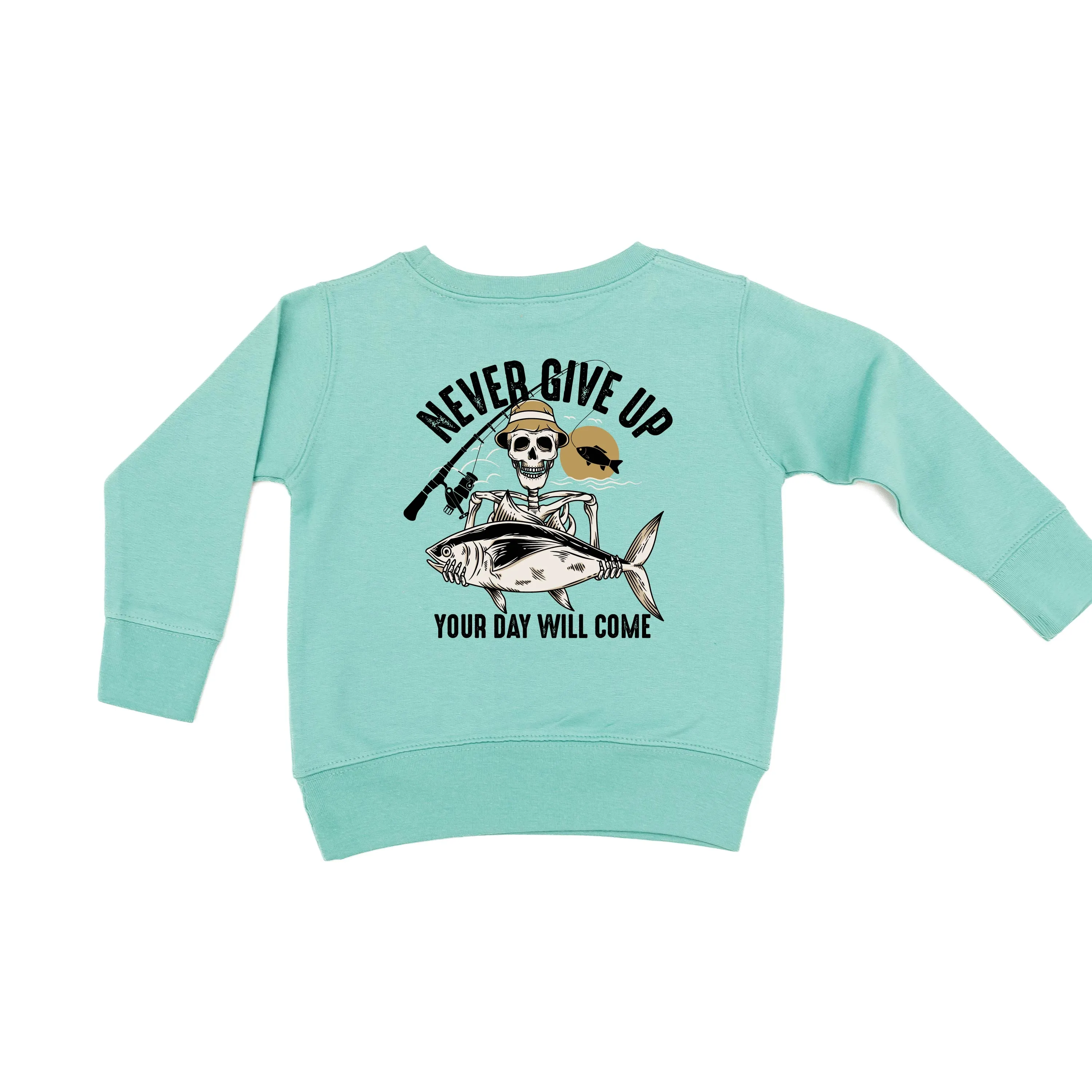 Fishing Skelly Pocket Design on Front w/ Never Give Up on Back - Child Sweater