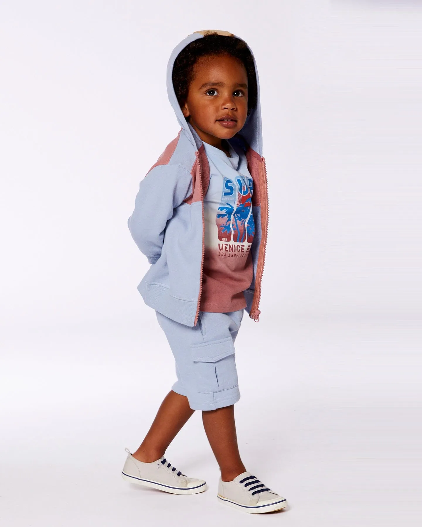 French Terry Full Zip Hoodie Sweatshirt Pale Blue And Dark Old Rose