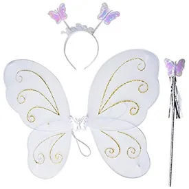 Girls Butterfly Fairy Angel Wing, Wand and Hairband for Baby Kid Birthday Party (White)