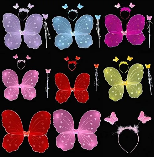 Girls Butterfly Fairy Angel Wing, Wand and Hairband for Baby Kid Birthday Party (Yellow)