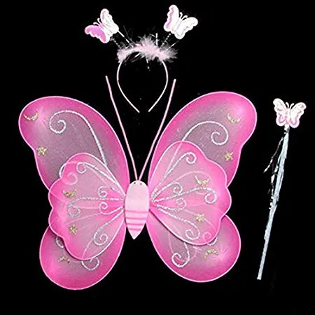 Girls Butterfly Fairy Angel Wing, Wand And Hairband (pink)