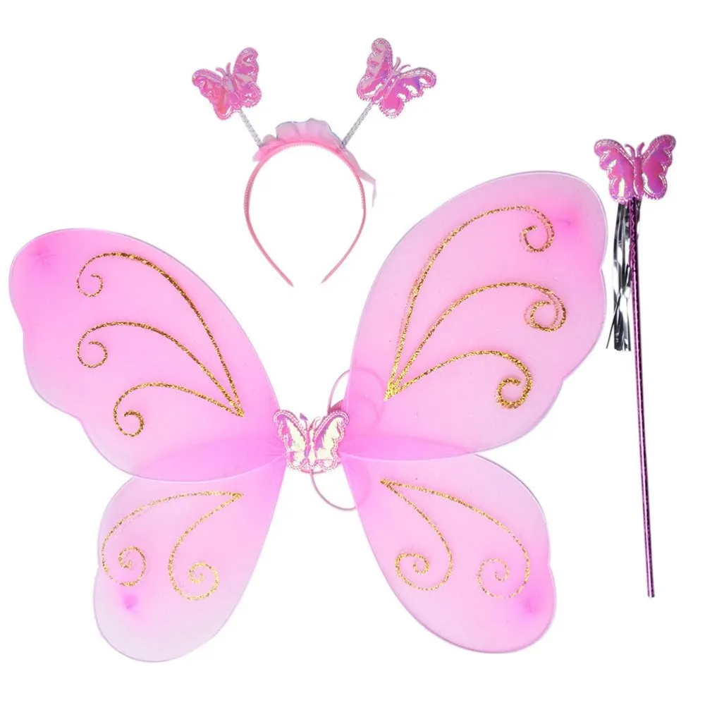 Girls Butterfly Fairy Angel Wing, Wand And Hairband (pink)